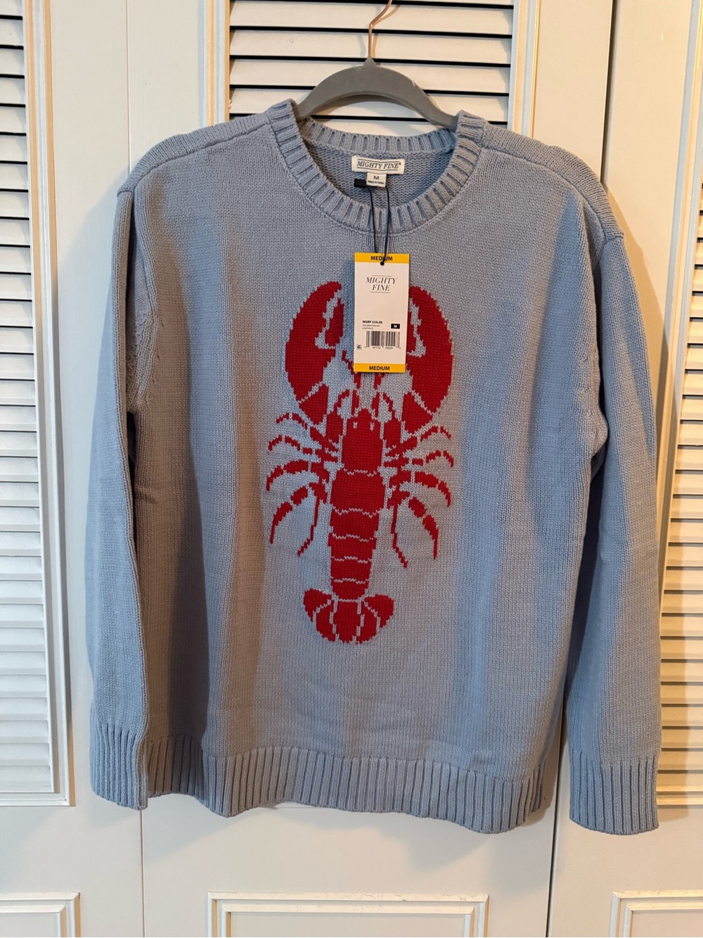 Women’s Mighty Fine Light Blue Sweater with Red Lobster Motif